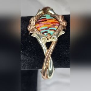 STERLING SILVER COPPER INLAID TURQUOISE CORAL  CUFF BRACELET SIGNED